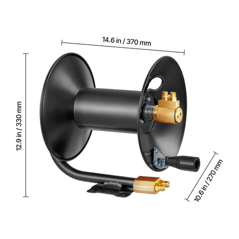 Heavy Duty Welding Hose Reel With Hand Crank Rewind Three Foot Lead In Hose And 9/16-18 BF Fittings Rugged Steel Reel dimensions