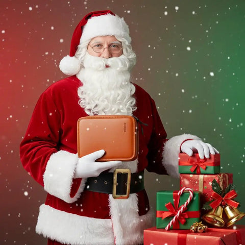 Santa holding Golf Gifts For Men Fathers Day Complete Golf Accessories Kit In PU Leather Case with stack of Christmas gifts