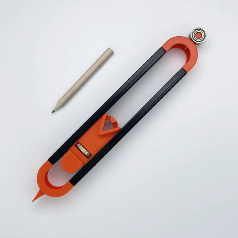 Precision Contour Scribe Tool With Lock Pin Slick Woodworking Measuring Ruler and pencil on white background.