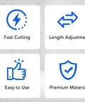 Icons showing features of Inside Pipe Cutter With One Quarter Inch Hex Shank, Easy Depth Lock, No Tool Needed, Tool Free Adjustment.