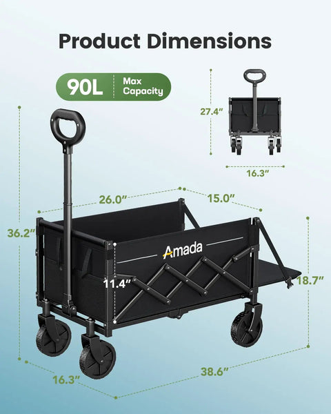 Heavy Duty Foldable Wagon Cart With 360 Lb Load Capacity, 90L Expandable Storage, 2 Cup Holders, 600D Oxford Fabric
