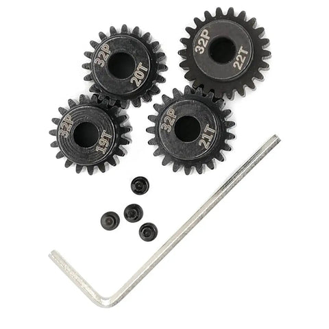 32P Pinion Gear Set 5Mm 32 Pitch 19T 20T 21T 22T RC Parts For RC Cars with metal pinions and hex key on white background.