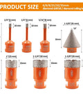 Diamond Hole Saw Set With 5/8-11 Thread For Porcelain Tile Ceramic Marble Granite Stone Masonry Brick Includes A Pro Grade Range Of Drill Diameters From 6 Mm To 35 Mm Plus A 35 Mm Diamond Beveling Chamfer Bit, showing sizes and types of drill bits.