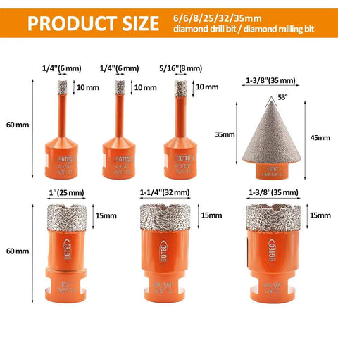 Diamond Hole Saw Set With 5/8-11 Thread For Porcelain Tile Ceramic Marble Granite Stone Masonry Brick Includes A Pro Grade Range Of Drill Diameters From 6 Mm To 35 Mm Plus A 35 Mm Diamond Beveling Chamfer Bit, showing sizes and types of drill bits.