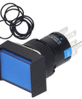 Thinking Process: blue rectangular push button switch, black plastic body, 250V 5A, with terminals and wires