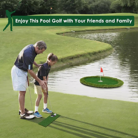 Parent and child using Floating Pool Golf Green Chipping and Putting Mat, Foldable Round Golf Ball Trainer for Poolside Practice.