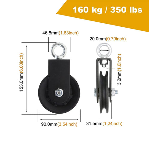 Cable Pulley System With 360 Degree Rotation And Silent Operation, detailed dimensions and weight capacity shown.