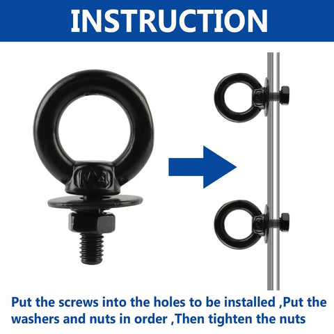 Pro Grade M4 Stainless Steel Eye Bolts With Hex Nuts And Washers 12 Piece Badass Lifting Eyebolt Kit installation guide showing black screw eye.