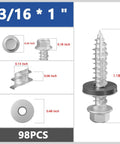 Heavy Duty Gray Hex Roof Screws With Integrated Epdm Washers Rock Solid Self Tapping Fasteners For Metal To Wood Shed Builds Tough Rust Resistant Steel 98 Pack Bundle dimensions displayed.