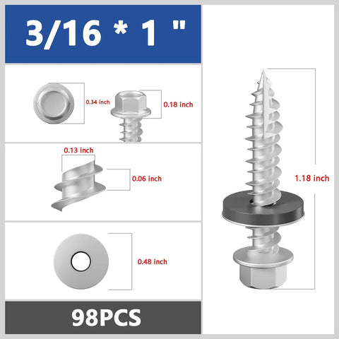 Heavy Duty Gray Hex Roof Screws With Integrated Epdm Washers Rock Solid Self Tapping Fasteners For Metal To Wood Shed Builds Tough Rust Resistant Steel 98 Pack Bundle dimensions displayed.