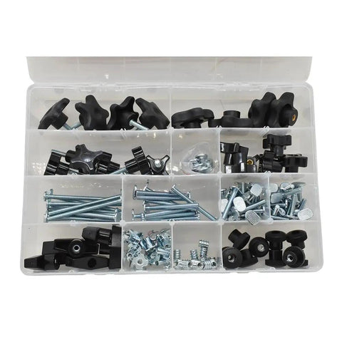 149 Piece Universal T Track and Jig Hardware Kit Featuring 1/4 Inch 20 TPI T Bolts in clear carry case with dividers.