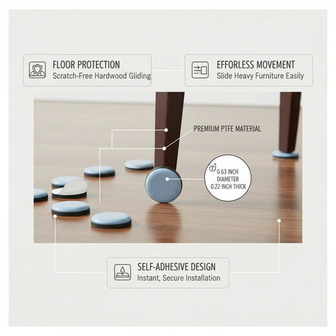 No-Slip PTFE Furniture Sliders with Adhesive Backing on chair leg, 0.63 inch round glide pads for hardwood floors, chairs and tables
