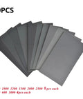 60 Piece Premium Silicon Carbide Wet Dry Sandpaper Sheets Custom Cut For Wood Glass Metal Car Body Rust Removal And Painting Projects, 12 sheets displayed.