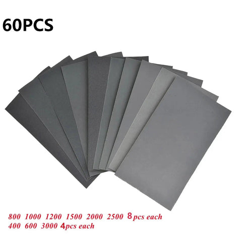 60 Piece Premium Silicon Carbide Wet Dry Sandpaper Sheets Custom Cut For Wood Glass Metal Car Body Rust Removal And Painting Projects, 12 sheets displayed.