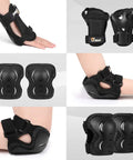 Adult And Youth Skating Protective Gear Set With Helmet Knee Pads Elbow Pads And Wrist Guards For Inline Skating Scootering And Skateboarding Breathable Ventilated Foam For All Day Comfort And Serious Protection showcasing wrist and elbow guards in black, breathable foam for comfort. Suitable for skaters of all ages.