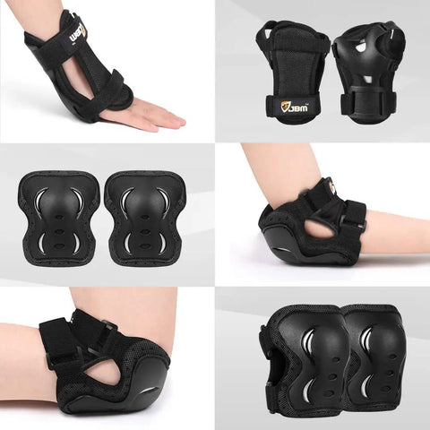 Adult And Youth Skating Protective Gear Set With Helmet Knee Pads Elbow Pads And Wrist Guards For Inline Skating Scootering And Skateboarding Breathable Ventilated Foam For All Day Comfort And Serious Protection showcasing wrist and elbow guards in black, breathable foam for comfort. Suitable for skaters of all ages.