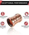 Close-up view of a Copper Press XL Coupling fitting showcasing leak-proof design, resistant to corrosion for plumbing connections.