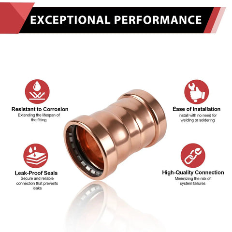 Close-up view of a Copper Press XL Coupling fitting showcasing leak-proof design, resistant to corrosion for plumbing connections.