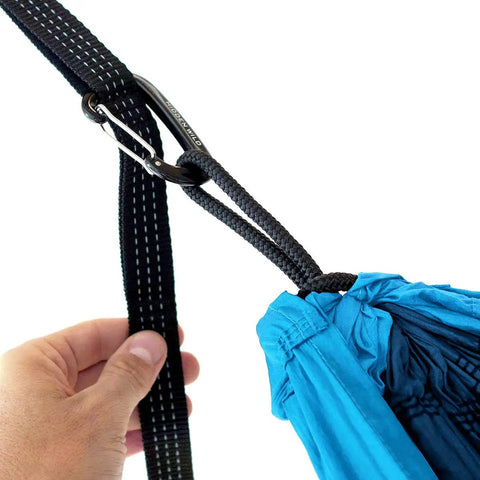 Double Travel Hammock Ultralight Parachute Nylon connection with aluminum carabiner and tree strap detail