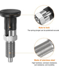 Rock Solid Stainless Steel Push Fit Ball Nose Spring Plunger M10x1 Thread with detailed view of locking nuts and threaded pin.