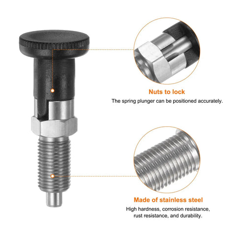 Rock Solid Stainless Steel Push Fit Ball Nose Spring Plunger M10x1 Thread with detailed view of locking nuts and threaded pin.