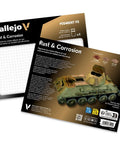 Front view of Vallejo Pigment FX Rust & Corrosion set packaging with four 35 ml bottles and a model tank graphic