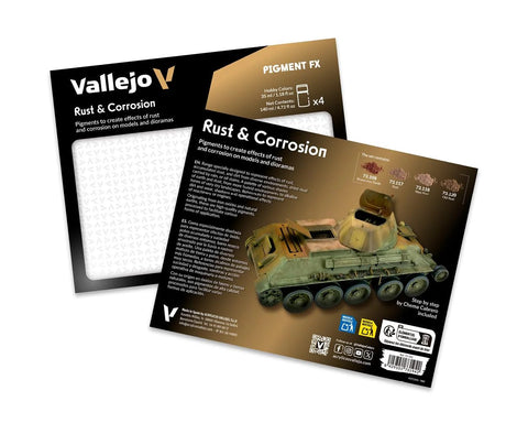 Front view of Vallejo Pigment FX Rust & Corrosion set packaging with four 35 ml bottles and a model tank graphic