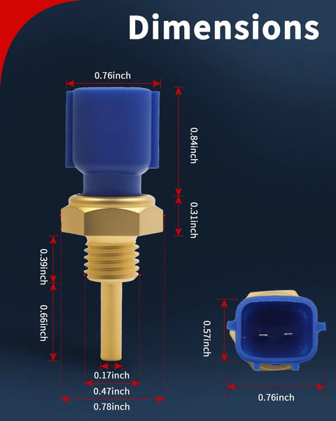 VEHICODE engine coolant temperature sensor with blue plastic top and brass threaded body; front view