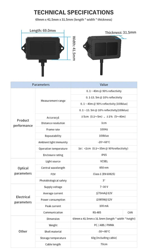 Technical specifications of Upgraded 40m Lidar Sensor For Drones And Robots With Single Point Ranging CAN Version Wide 7 To 30V Input