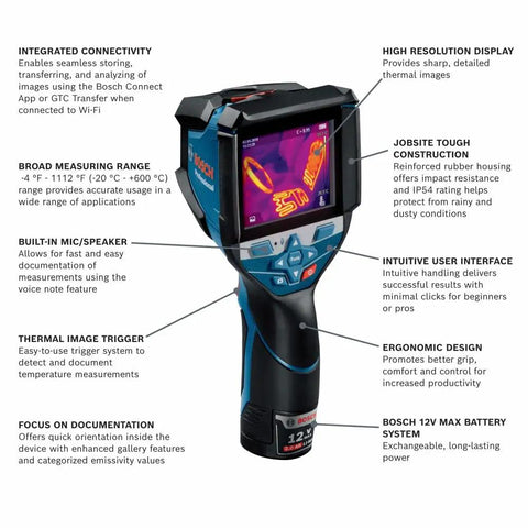 12V Max Connected Thermal Camera with 500 sharp thermal images storage showing front view and features labeled