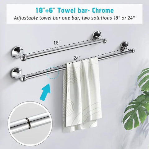 Chrome 4 Piece Bathroom Accessory Set with Adjustable Towel Bar, showing 18 or 24 inch options and wall mount details.