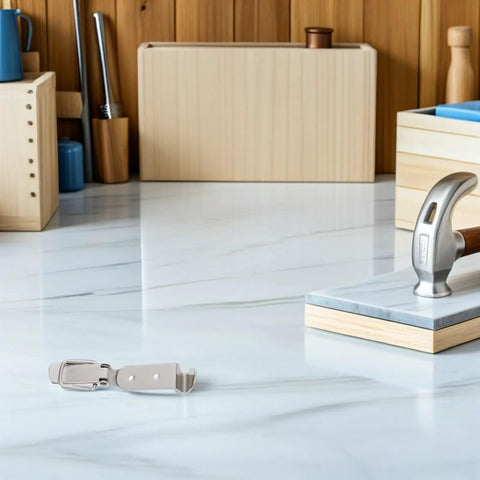 Heavy Duty Four Pack Stainless Steel Spring Loaded Toggle Catches With Flat Mouth Design, showcased on a marble countertop.