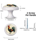 Set Of Four Retro Country Rooster Cabinet Knobs for Kitchen and Bathroom with painterly rooster design and included screws.