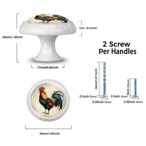 Set Of Four Retro Country Rooster Cabinet Knobs for Kitchen and Bathroom with painterly rooster design and included screws.