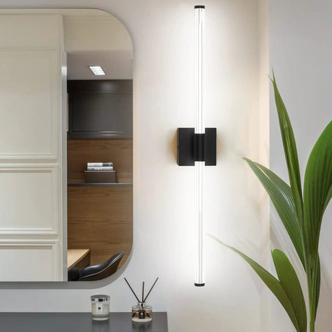 Lit Matte Black Vanity Light Fixture For Bathrooms, 31.6 Inch Modern Wall Sconce With Integrated LED, mounted vertically by a mirror