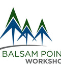 BALSAM POINT WORKSHOP logo with green and blue triangular trees on a white background, representing woodworking craftsmanship.