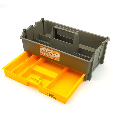 Heavy Duty Tool Tote With Hidden Full Length Drawer And Deep Compartments, Rust Resistant Plastic Toolbox For Paint Brushes And Tools