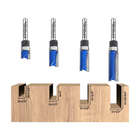 Pattern Flush Trim Router Bit Set With Top Bearing, 4 Pc Kit For Edging Veneer Or Laminate And Duplicating Parts With Templates