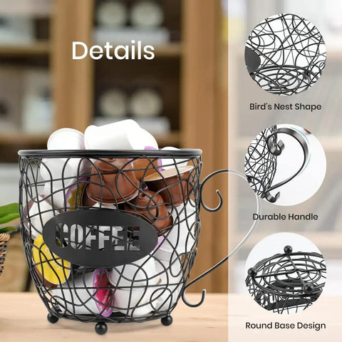 Massive K Cup Pod Holder For Countertop, black steel basket with bird's nest design and durable handle