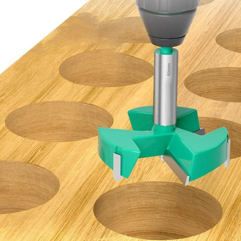 Floweringbeter 3-edged hole opener cutter with hex shank for woodworking; green base, 50mm hole.