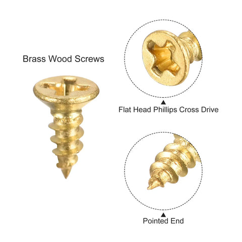 Close-up of Top Shelf Brass Wood Screws M2x5mm with flat head Phillips cross drive and pointed end details.
