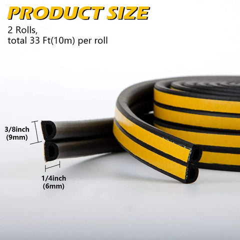 Close-up of black self-adhesive soundproof insulation strip, size 9x6 mm, highlighting Door Weather Stripping Seal For Windows Self Adhesive Soundproof Insulation Strip Black 66 Feet Easy DIY Draft And Noise Reduction For Doors Windows And Frames.