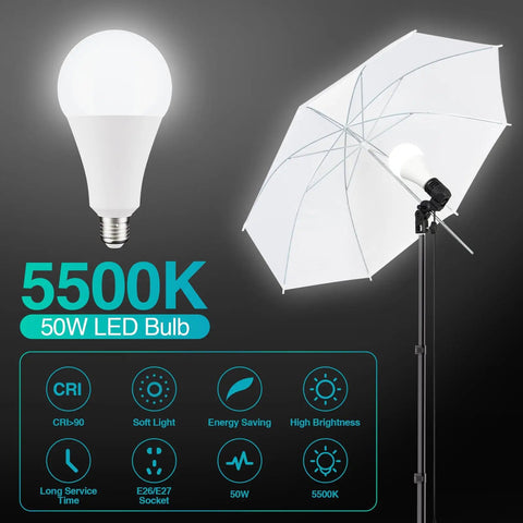 5500K 50W LED bulb with umbrella shown in 8.5 By 10 Foot Backdrop Support System With Pro Lighting Kit for studio use.