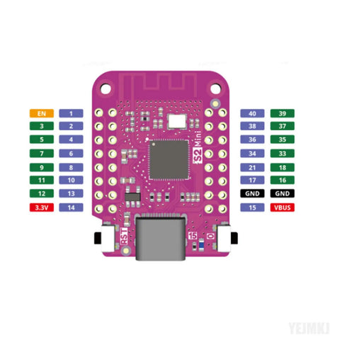 Dope ESP32 S2 Mini WiFi Development Module With Type C USB, 4MB Flash, 2MB PSRAM, detailed front view with pin layout diagram