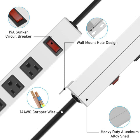 Beefy Metal 16 Outlet Power Strip With 1200J Surge Protection Wall Mountable Switch Heavy Duty Desk Strip; close-up of features