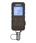 Front view of NAVAC NMV1S digital vacuum gauge with blue backlit display, orange control buttons, and metal coupling