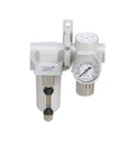 Three Quarter Inch NPT Compressed Air Filter Regulator Combo with metal bowl, manual drain, gauge, bracket, and 10 micron element.