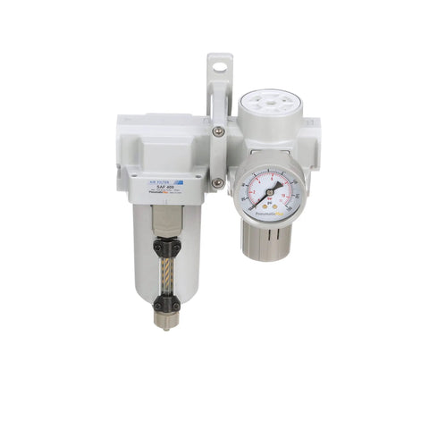 Three Quarter Inch NPT Compressed Air Filter Regulator Combo with metal bowl, manual drain, gauge, bracket, and 10 micron element.