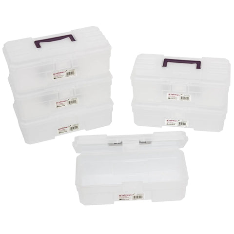 12-Inch ProBox Plastic Storage Toolbox For Art Supplies And Crafts, shown in clear plastic with stackable design and safe rounded edges.