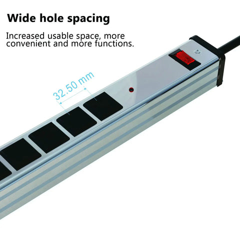 Ten Outlet Aluminum Power Strip With 6 Ft Extension Cord Heavy Duty 15A 125V 1875W Industrial Grade Black Sockets On Silver Housing USB Ports Ideal For Workshop Garage Office School showing wide hole spacing.